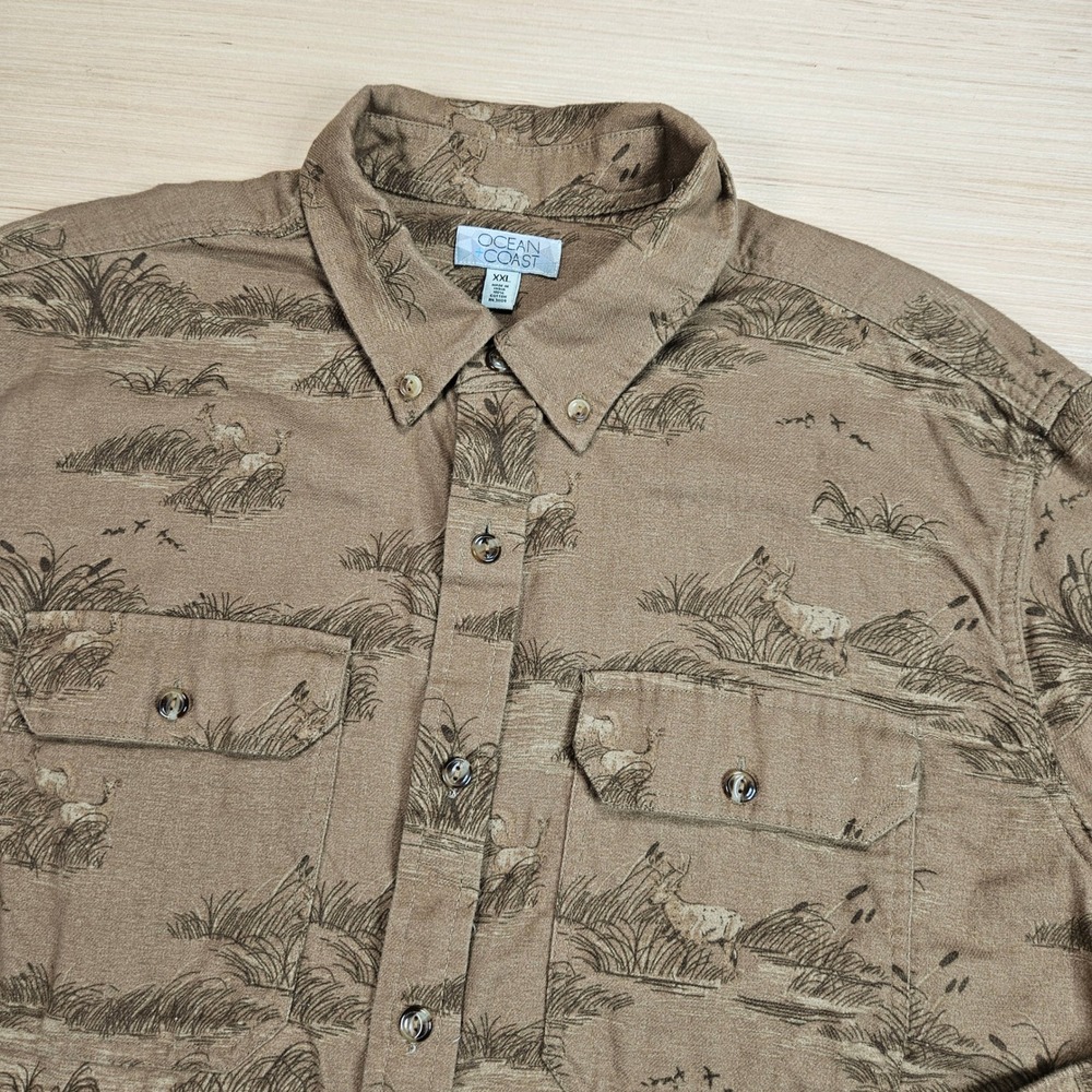Ocean Coast Button Front Shirt Mens XXL Brown Wildlife Marsh Scene Long Sleeve